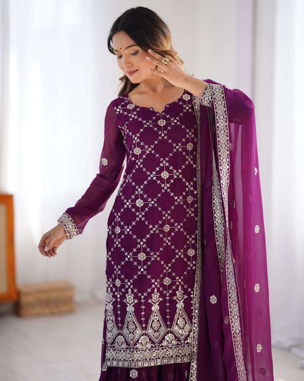 Women's Georgette Embroidery Work Straight Kurta With Sharara Suit and Dupatta Set - Image 6
