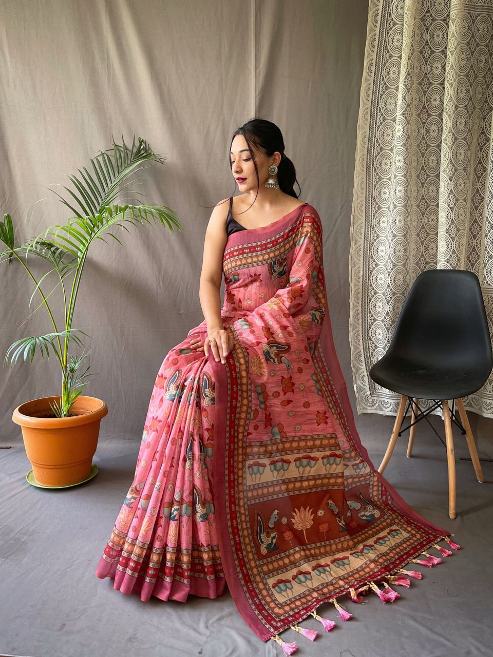 Women's Artistic Terracotta Orange Linen Saree with Kalamkari Inspired Print & Tassel Detailing – Perfect for Casual Festivities & Cultural Events - Image 6